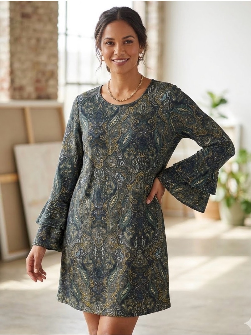 Tacera Green and Gold Graphic Tunic Dress